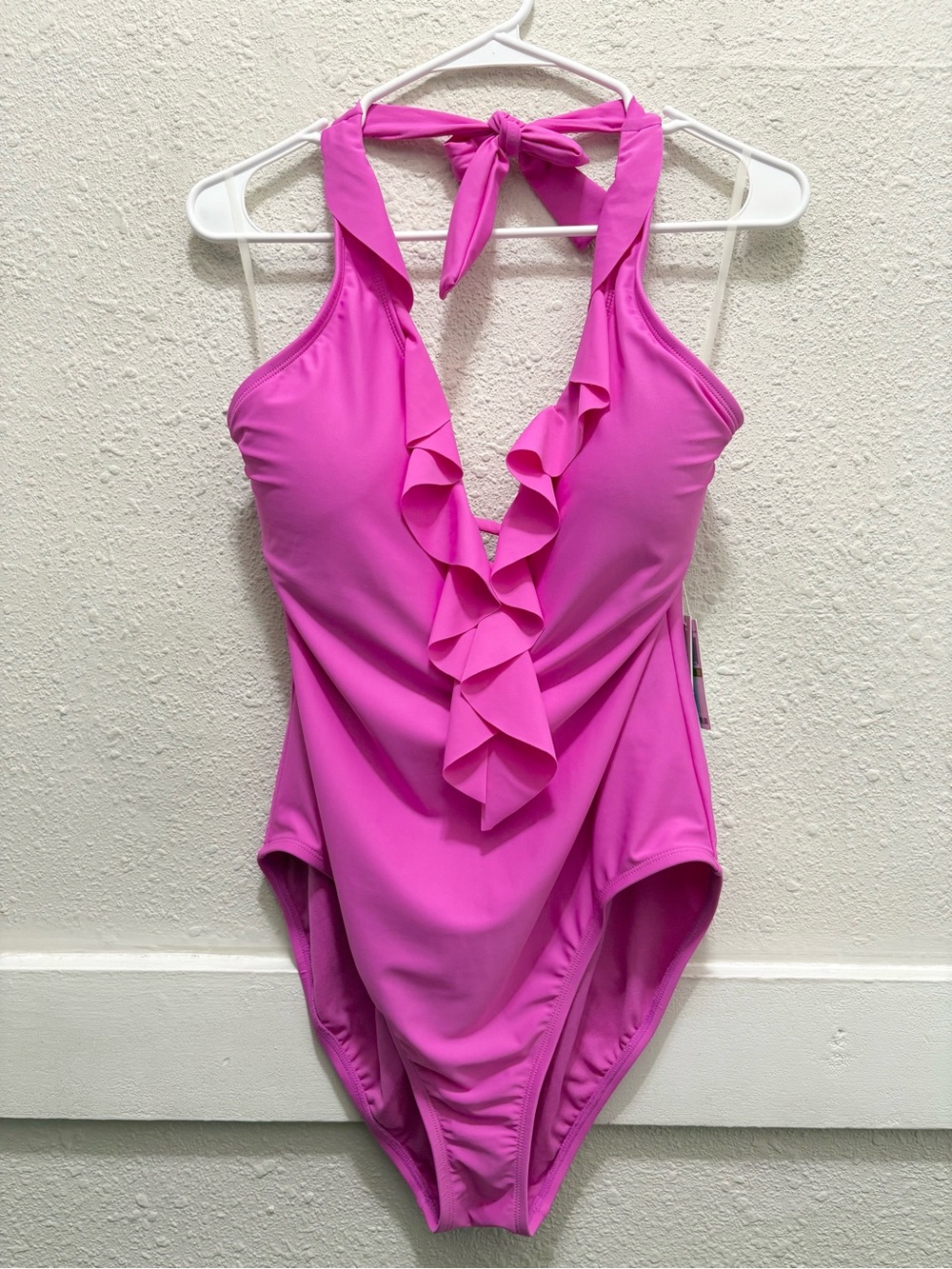 Bleu Rod Beattie Ruffle Plunge One Piece Swimsuit in Posh Pink NWT 14